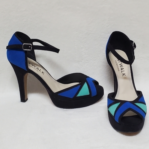 CATWALK Collection Blue Green Colorblock Faux Suede Ankle-Strap Platform Heels - Picture 1 of 13